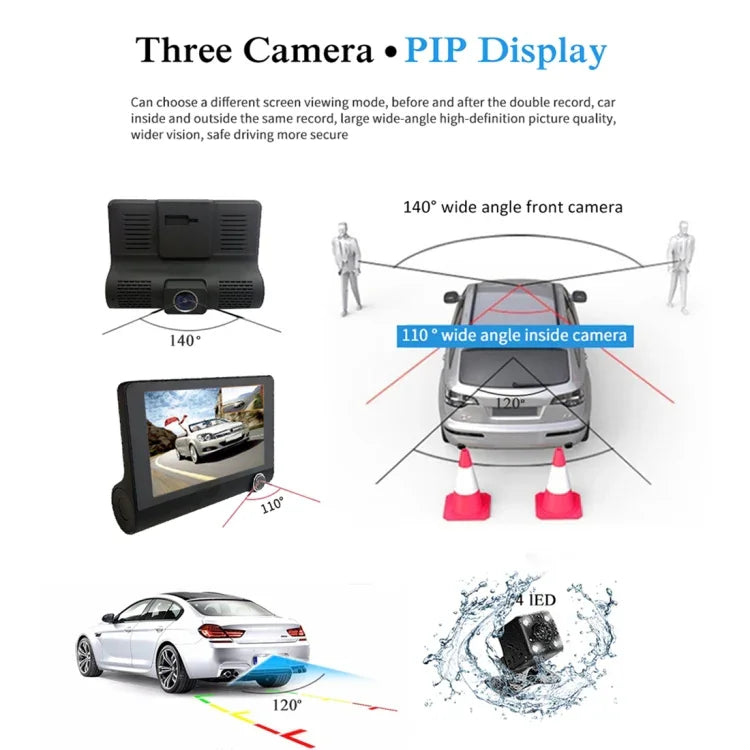 Écran IPS 4.0 pouces 5.0 mégapixels 170 degrés grand angle Full HD 1080P DVR voiture vidéo 3 canaux, support lumière de remplissage vision nocturne / visualisation de recul / carte TF (32GB max) / capteur G / détection de mouvement, 170 degrés