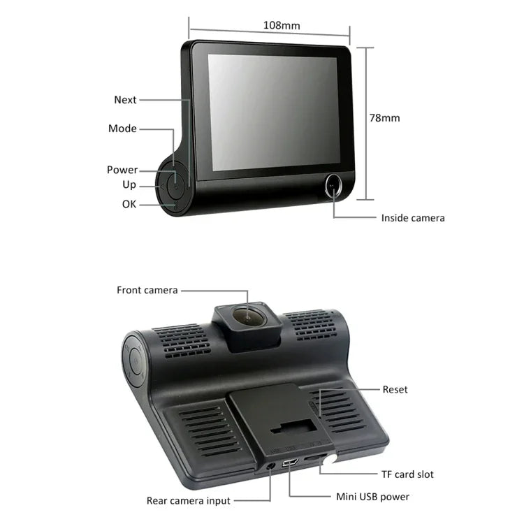 Écran IPS 4.0 pouces 5.0 mégapixels 170 degrés grand angle Full HD 1080P DVR voiture vidéo 3 canaux, support lumière de remplissage vision nocturne / visualisation de recul / carte TF (32GB max) / capteur G / détection de mouvement, 170 degrés