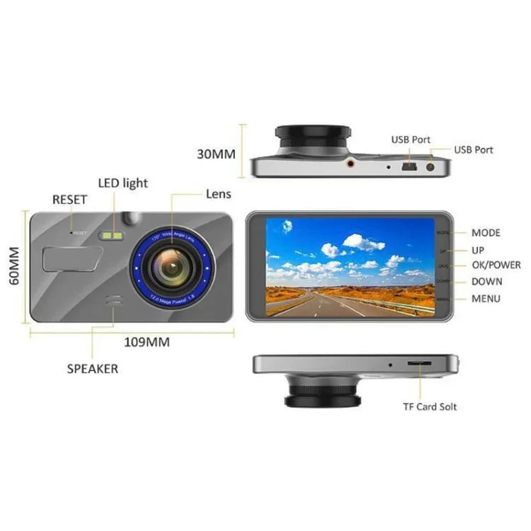 X96 4 pouces 2.5D Full HD 1080P caméra vidéo intelligente multifonction à double lentille pour voiture, support carte TF / détection de mouvement, X96
