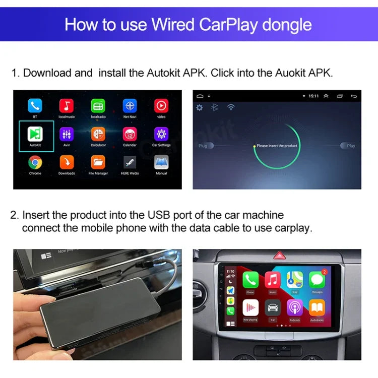 Navigation voiture pour Android / Apple Carplay Module Bluetooth sans fil Adaptateur Carplay USB pour smartphone, CPC200-Autokit