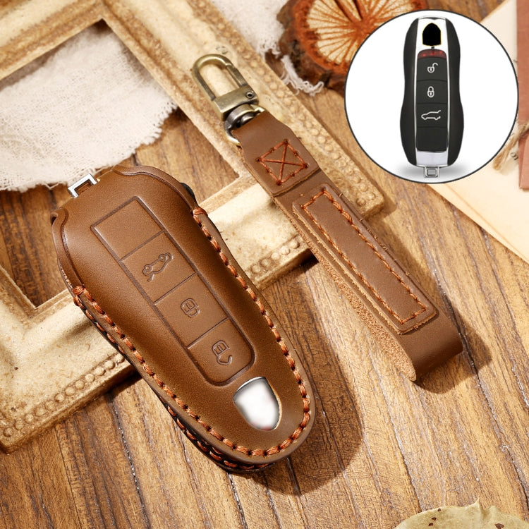 Hallmo Car Cowhide Leather Key Protective Cover Key Case for Porsche Macan 718 2021 A Style, For Porsche Macan A Style
