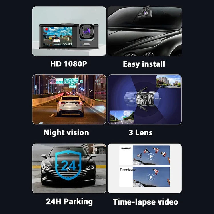 Enregistreur de conduite voiture A1 HD vidéo à 3 lentilles avec vision nocturne, caméra de recul, A1