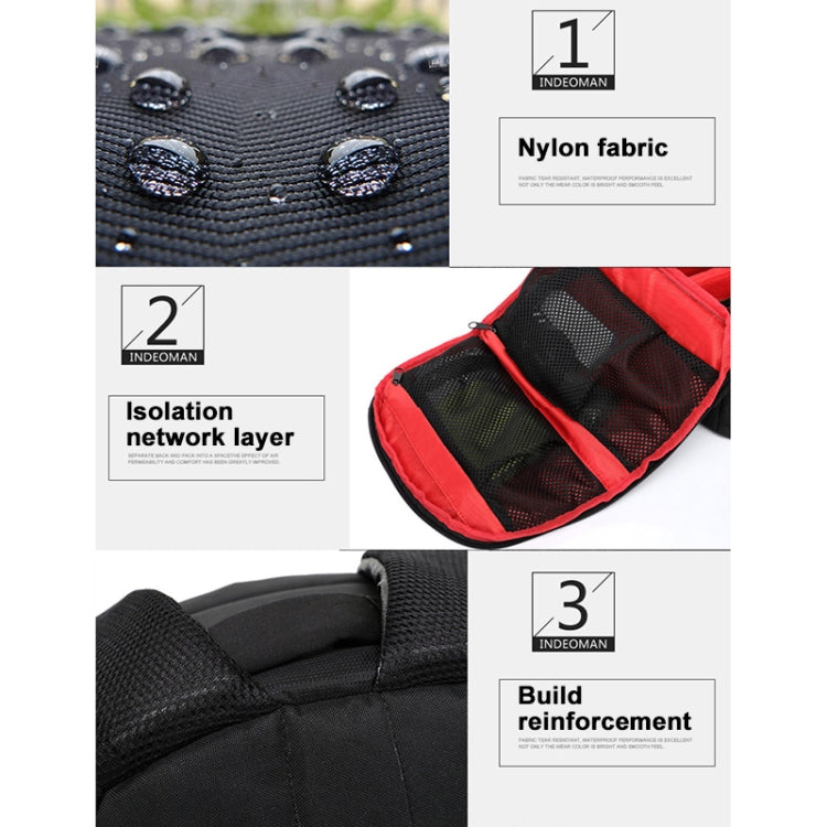 Sac à dos portable INDEPMAN DL-B012 pour appareils photo et accessoires de sport outdoor, compatible avec GoPro, SJCAM, Nikon, Canon, Xiaomi Xiaoyi YI. Dimensions : 27,5 × 12,5 × 34 cm.