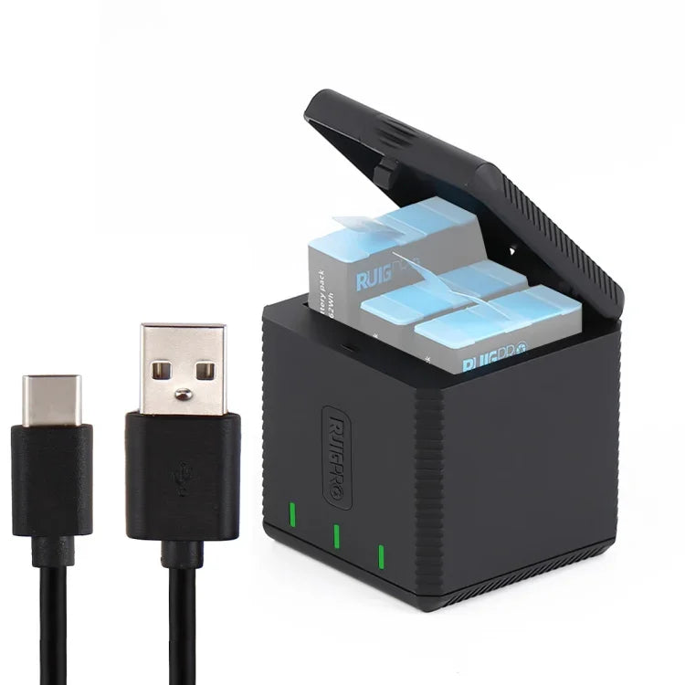 Boîtier de charge triple batterie RUIGPRO USB avec câble et voyant lumineux pour GoPro HERO9 Black / HERO10 Black