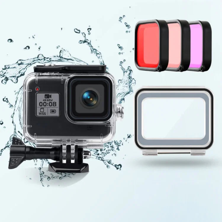 Boîtier étanche 45 m + coque arrière tactile + filtre d'objectif violet, rouge et rose pour GoPro HERO8 Noir, Boîtier + coque tactile + filtre 3 couleurs pour GoPro 8