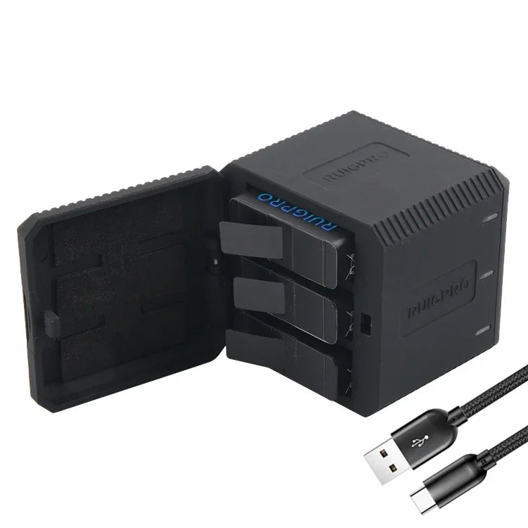 Boîtier de charge triple batterie RUIGPRO USB avec câble USB et indicateur LED pour GoPro HERO6/5