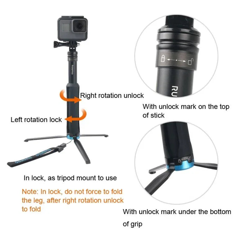 Trépied pliable et portable avec perche monopode pour selfies, compatible avec GoPro, Insta360, DJI et autres caméras d'action. Longueur : 23,5 à 81 cm. Marque : RUIGPRO.