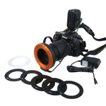 Lampe torche LED circulaire avec 48 LED et 6 bagues d'adaptation (49 mm/52 mm/55 mm/58 mm/62 mm/67 mm) pour objectif macro
