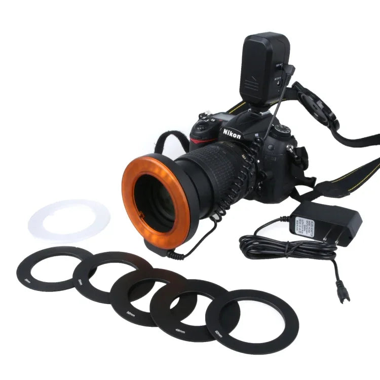 Lampe torche LED circulaire avec 48 LED et 6 bagues d'adaptation (49 mm/52 mm/55 mm/58 mm/62 mm/67 mm) pour objectif macro