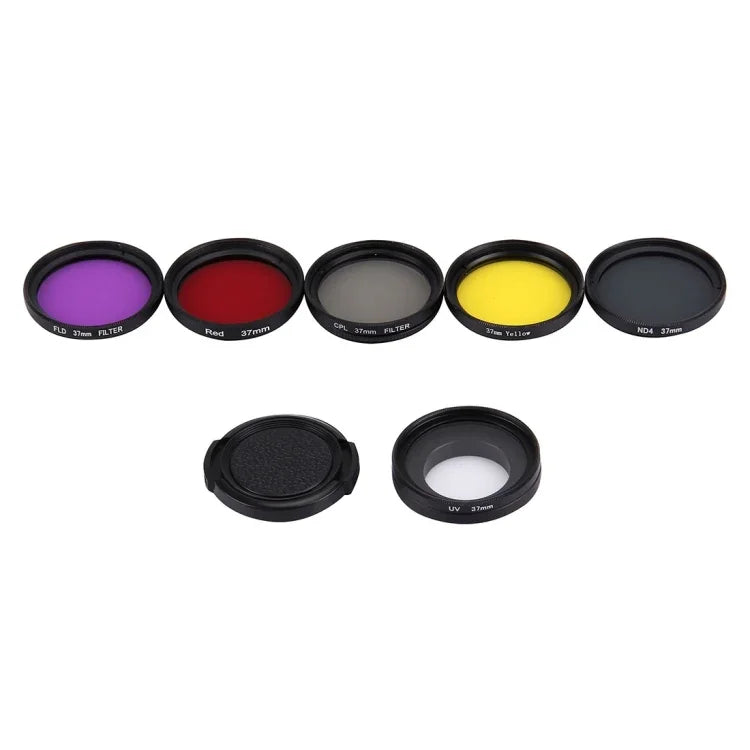JUNESTAR Filtre d'objectif professionnel 7 en 1 37 mm (CPL + UV + ND4 + Rouge + Jaune + FLD / Violet) et capuchon de protection pour objectif pour caméra d'action GoPro HERO4 / 3+ / 3 Sport, 7 en 1