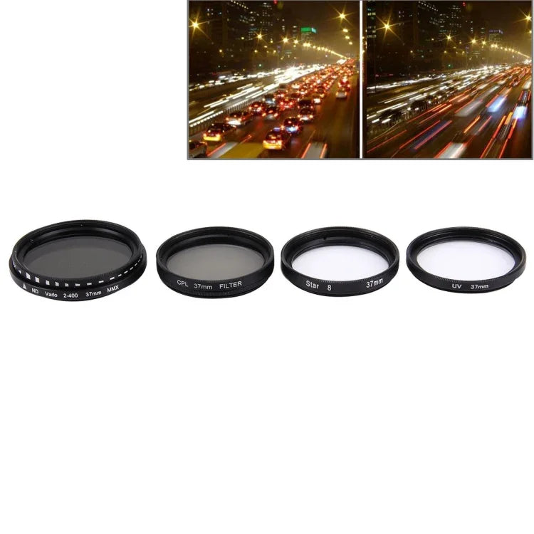 Filtre d'objectif professionnel JUNESTAR 4 en 1 37 mm (CPL + UV + ND2-400 + Star 8) pour caméras d'action GoPro et Xiaomi Xiaoyi Yi Sport, objectif 4 en 1 37 mm