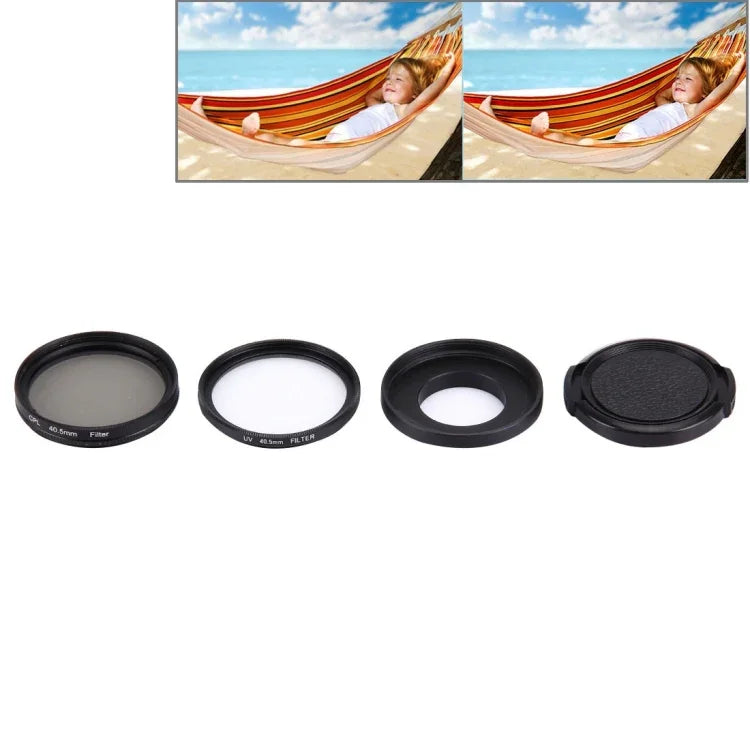 JUNESTAR Kit de filtres professionnels 4 en 1 pour objectif 40,5 mm (CPL + UV), boîtier étanche, bague d'adaptation et capuchon de protection pour objectif GoPro HERO4 / 3+ / 3 Sport.