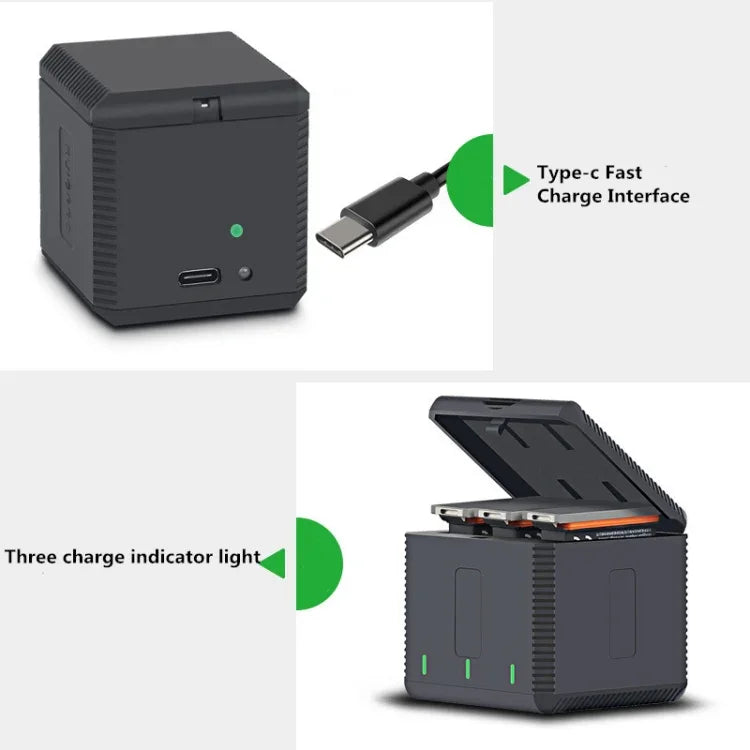 Boîtier de charge triple batterie USB RUIGPRO avec indicateur LED pour DJI OSMO Action 1
