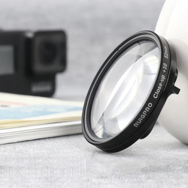 Filtre macro professionnel RUIGPRO 52 mm 10x pour GoPro HERO 7/6/5 avec bague d'adaptation et bouchon d'objectif.