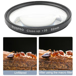 Filtre macro professionnel RUIGPRO 52 mm 10x pour GoPro HERO 7/6/5 avec bague d'adaptation et bouchon d'objectif.