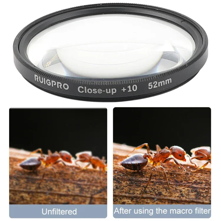 Filtre macro professionnel RUIGPRO 52 mm 10x pour GoPro HERO 7/6/5 avec bague d'adaptation et bouchon d'objectif.