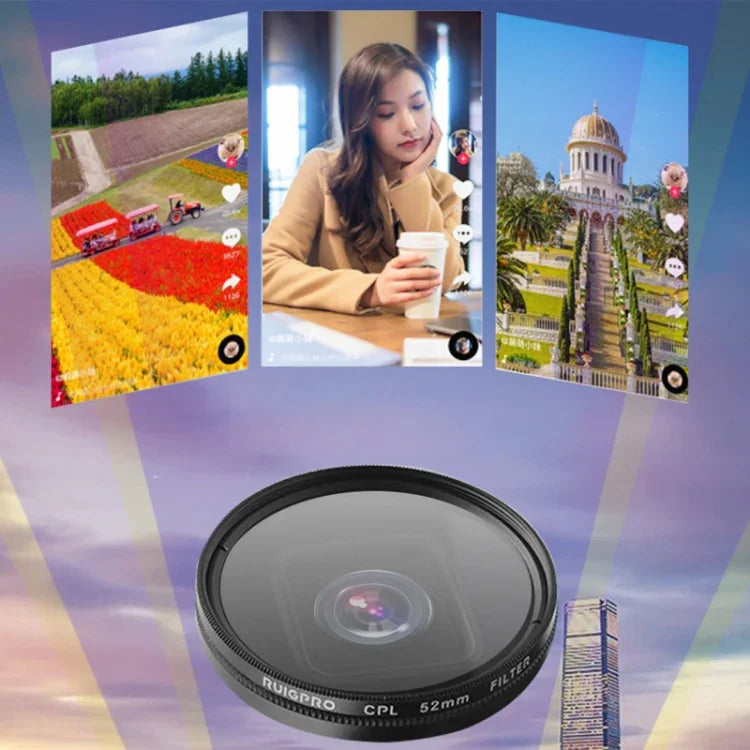 Filtre macro professionnel RUIGPRO 52 mm 10x pour GoPro HERO 7/6/5 avec bague d'adaptation et bouchon d'objectif.
