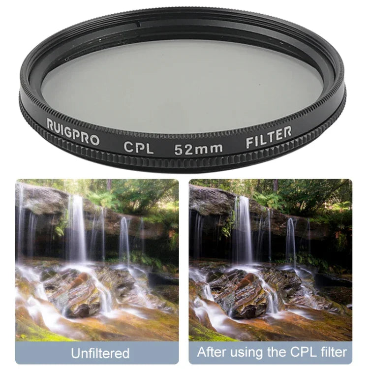 Filtre CPL RUIGPRO 52 mm pour GoPro HERO 7/6/5 Professional avec bague d'adaptation et bouchon d'objectif.