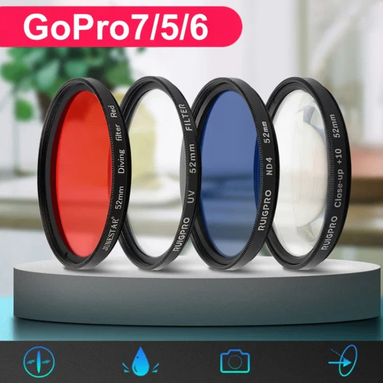Filtre ND4 RUIGPRO 52 mm pour GoPro HERO 7/6/5 Professional avec bague d'adaptation et bouchon d'objectif.