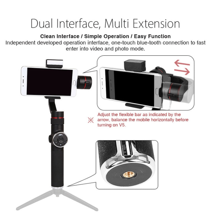 Stabilisateur cardan à main en aluminium sans balais AFI V5 lisse 3 axes avec support trépied et lumière d'appoint pour smartphones jusqu'à 6 pouces, support de suivi du visage