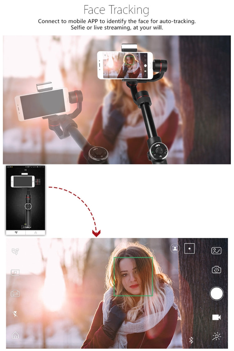 Stabilisateur cardan à main en aluminium sans balais AFI V5 lisse 3 axes avec support trépied et lumière d'appoint pour smartphones jusqu'à 6 pouces, support de suivi du visage