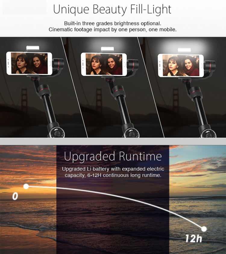 Stabilisateur cardan à main en aluminium sans balais AFI V5 lisse 3 axes avec support trépied et lumière d'appoint pour smartphones jusqu'à 6 pouces, support de suivi du visage