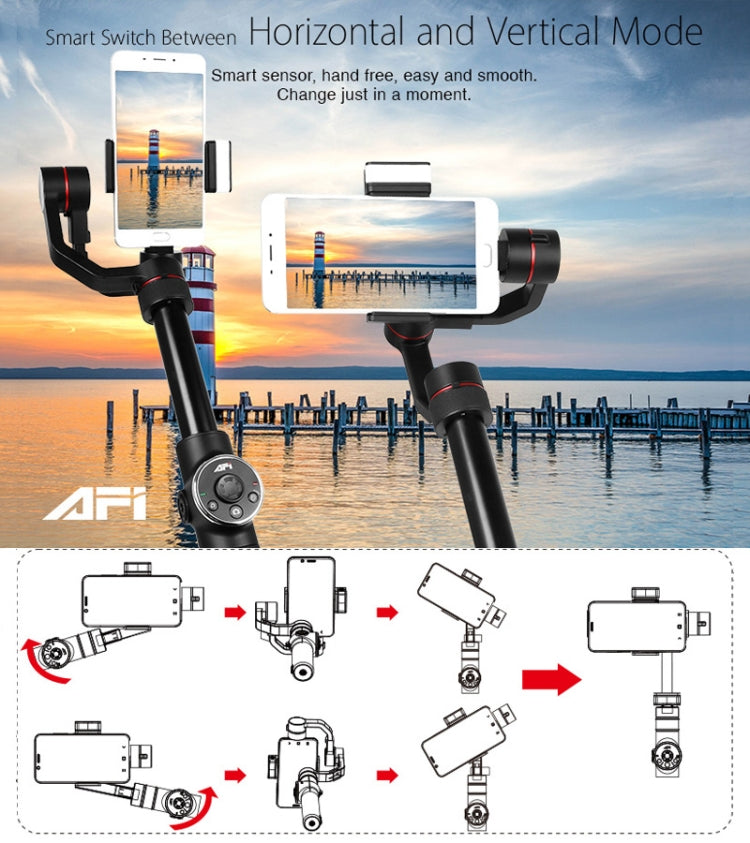 Stabilisateur cardan à main en aluminium sans balais AFI V5 lisse 3 axes avec support trépied et lumière d'appoint pour smartphones jusqu'à 6 pouces, support de suivi du visage