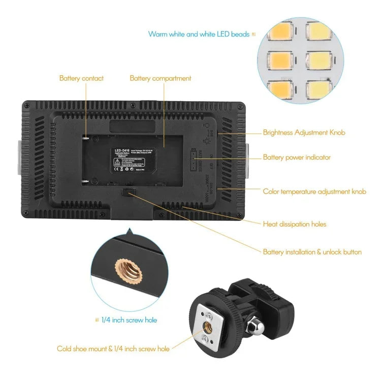 Éclairage LED01 416 LED 3600LM professionnel pour vlogging, photographie, vidéo et studio photo, compatible avec les appareils photo reflex numériques Canon/Nikon.