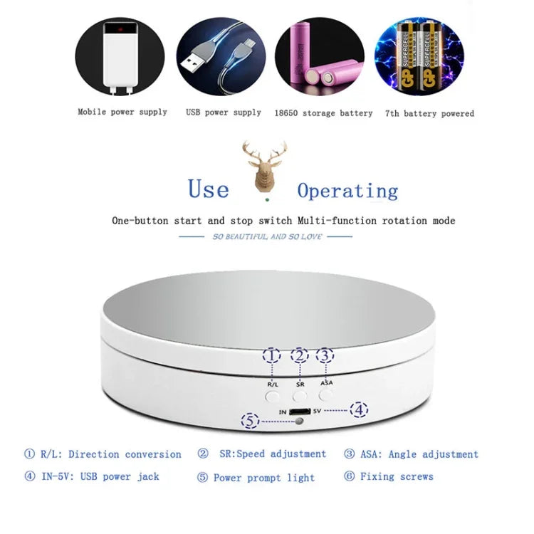 Plateau tournant intelligent de 13,8 cm avec miroir, chargement USB et rotation à 360°, support idéal pour la prise de photos et de vidéos, supporte jusqu'à 3 kg, miroir de 13,8 cm / Alimentation USB (W)