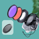 Kit RUIGPRO pour GoPro HERO8 : objectif macro 58 mm x16, filtre rouge/violet pour la plongée, boîtier étanche avec bague d’adaptation et bouchon d’objectif.