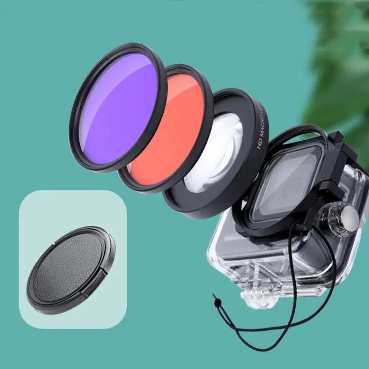 Kit RUIGPRO pour GoPro HERO8 : objectif macro 58 mm x16, filtre rouge/violet pour la plongée, boîtier étanche avec bague d’adaptation et bouchon d’objectif.