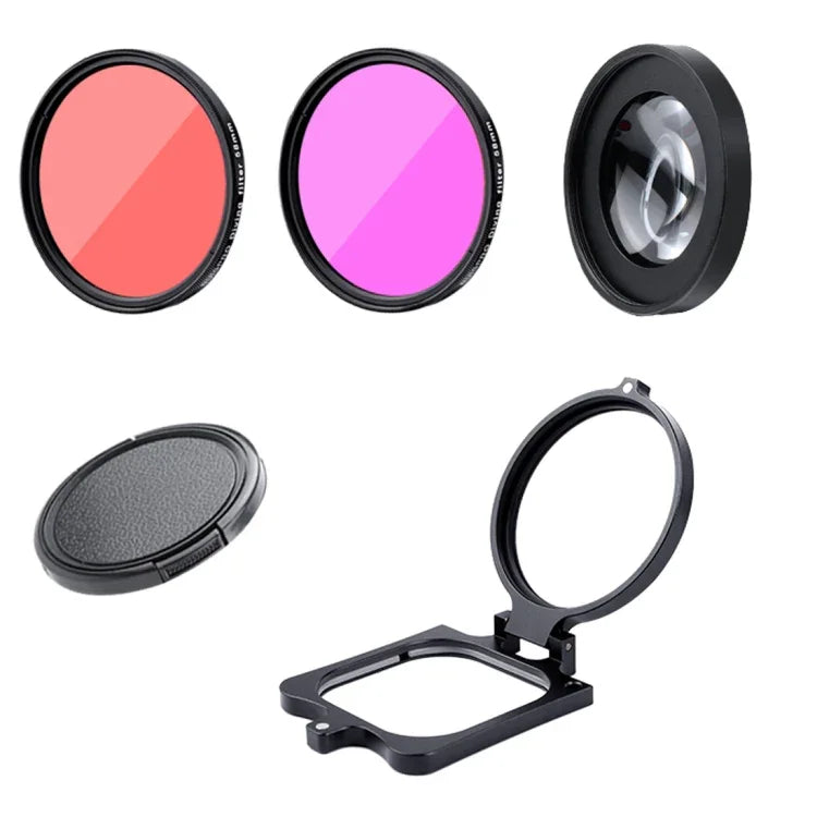 Kit RUIGPRO pour GoPro HERO8 : objectif macro 58 mm x16, filtre rouge/violet pour la plongée, boîtier étanche avec bague d’adaptation et bouchon d’objectif.
