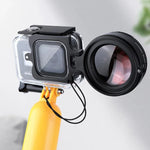 Kit RUIGPRO pour GoPro HERO8 : objectif macro 58 mm x16, filtre rouge/violet pour la plongée, boîtier étanche avec bague d’adaptation et bouchon d’objectif.