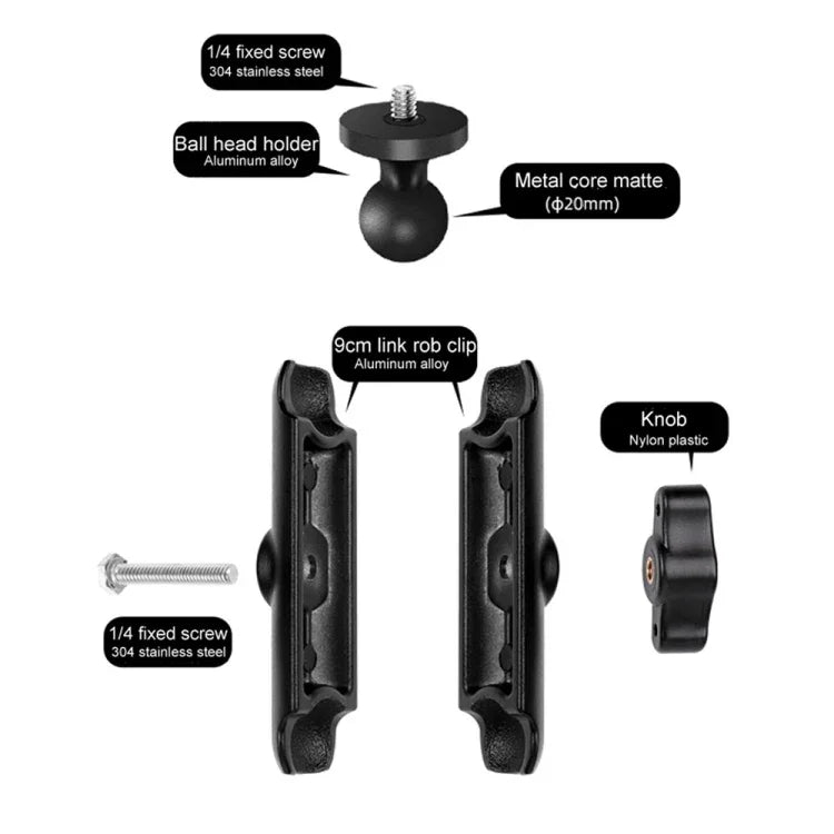 Support de rétroviseur moto à rotule de 20 mm avec tige de connexion de 9 cm, adaptateur pour trépied et vis inclus pour GoPro, Insta360, DJI et autres caméras d'action.