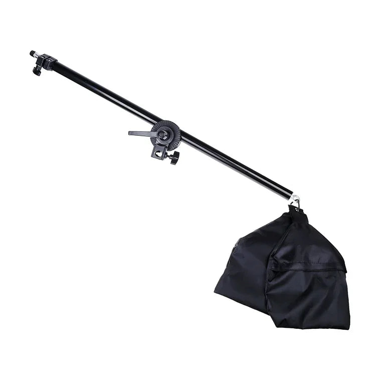Kit d'éclairage studio comprenant une softbox 50x70cm, un trépied de 2m avec bras articulé et une barre de support.