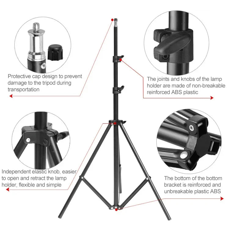 Kit d'éclairage studio comprenant une softbox 50x70cm, un trépied de 2m avec bras articulé et une barre de support.
