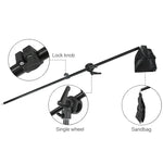 Kit d'éclairage studio comprenant une softbox 50x70cm, un trépied de 2m avec bras articulé et une barre de support.