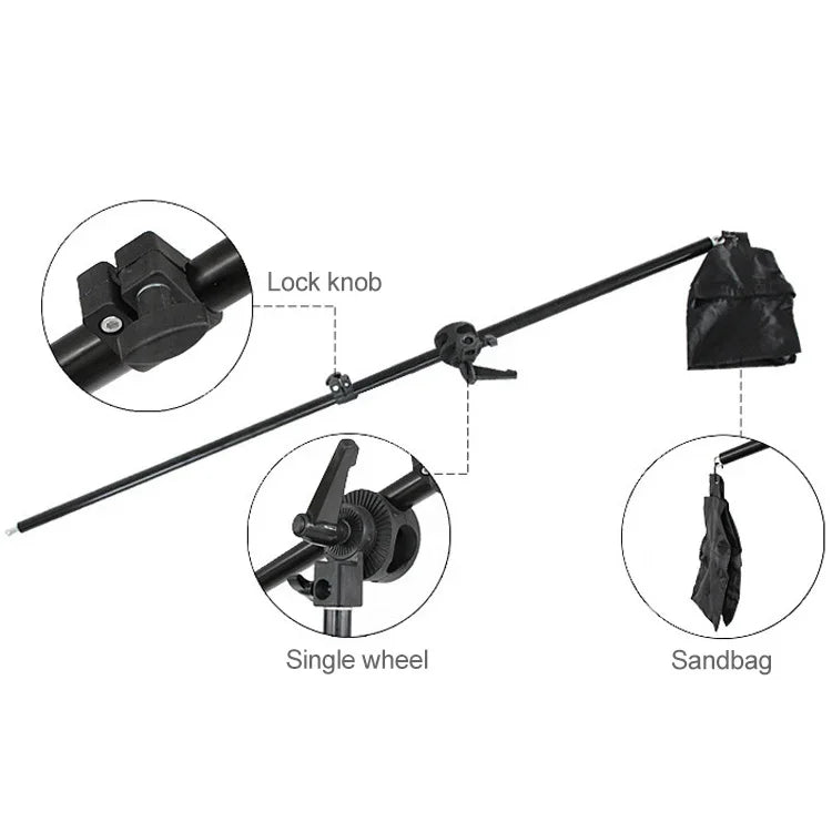 Kit d'éclairage studio comprenant une softbox 50x70cm, un trépied de 2m avec bras articulé et une barre de support.