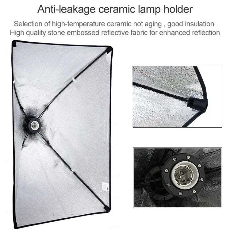 Kit d'éclairage studio comprenant une softbox 50x70cm, un trépied de 2m avec bras articulé et une barre de support.