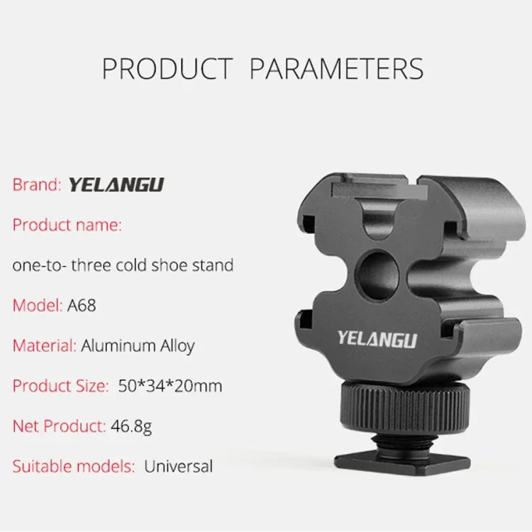 Support de fixation pour griffe flash YELANGU YLG0601A A68 à 3 têtes, adaptateur pour microphone et flash, support métallique