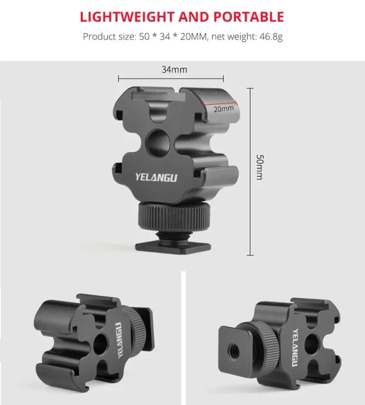 Support de fixation pour griffe flash YELANGU YLG0601A A68 à 3 têtes, adaptateur pour microphone et flash, support métallique