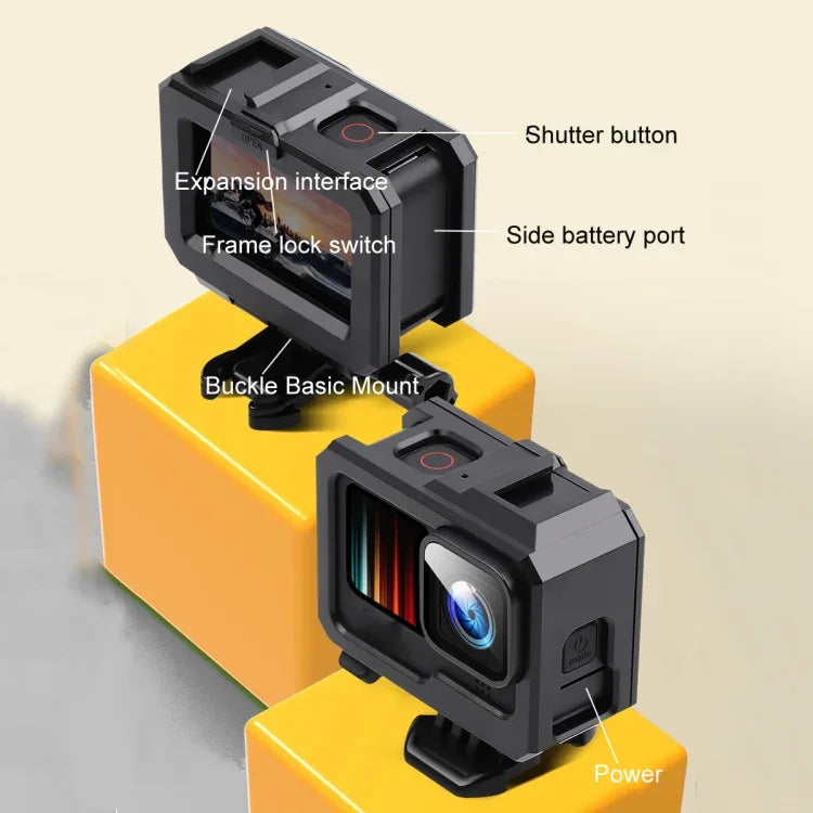 Boîtier de protection avec cadre en plastique ABS pour GoPro HERO10 Black / HERO9 Black, fixation basique par boucle et vis.