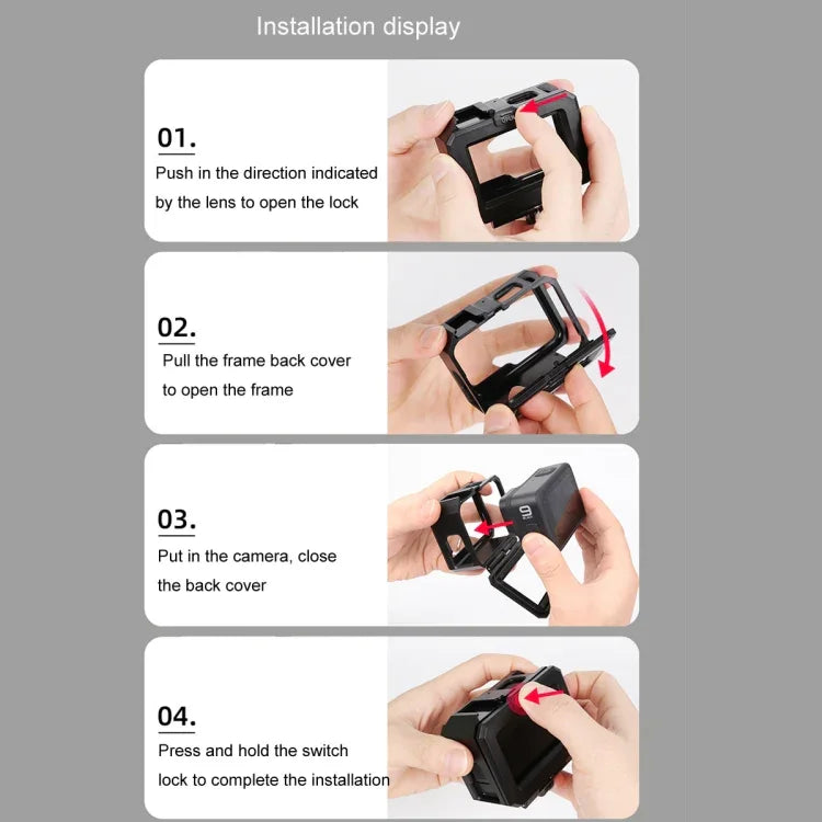 Boîtier de protection avec cadre en plastique ABS pour GoPro HERO10 Black / HERO9 Black, fixation basique par boucle et vis.
