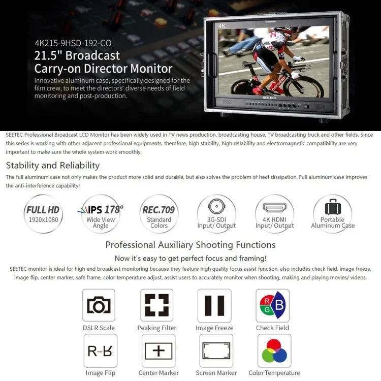 Moniteur de terrain SEETEC 4K215-9HSD-CO 1920x1080 21,5 pouces SDI / HDMI Full HD pour caméra de réalisation, 4K215-9HSD-CO