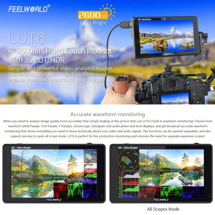 Moniteur de terrain FEELWORLD LUT6 1920x1080 2600 nits 6 pouces IPS HDMI 4K avec commandes tactiles, LUT6