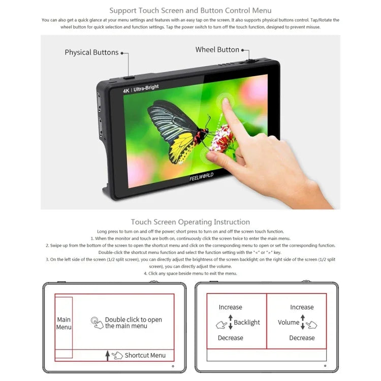 Moniteur de terrain FEELWORLD LUT6 1920x1080 2600 nits 6 pouces IPS HDMI 4K avec commandes tactiles, LUT6