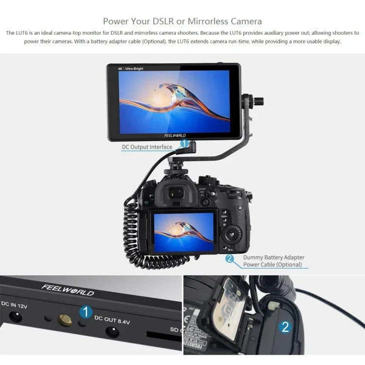Moniteur de terrain FEELWORLD LUT6 1920x1080 2600 nits 6 pouces IPS HDMI 4K avec commandes tactiles, LUT6