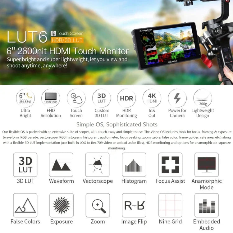 Moniteur de terrain FEELWORLD LUT6 1920x1080 2600 nits 6 pouces IPS HDMI 4K avec commandes tactiles, LUT6