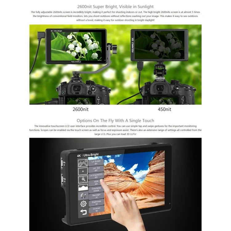 Moniteur de terrain FEELWORLD LUT6 1920x1080 2600 nits 6 pouces IPS HDMI 4K avec commandes tactiles, LUT6