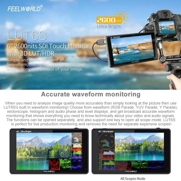 Moniteur de terrain FEELWORLD LUT6S 1920x1080 2600 nits 6 pouces IPS Écran tactile HDMI 4K SDI HDI, LUT6S